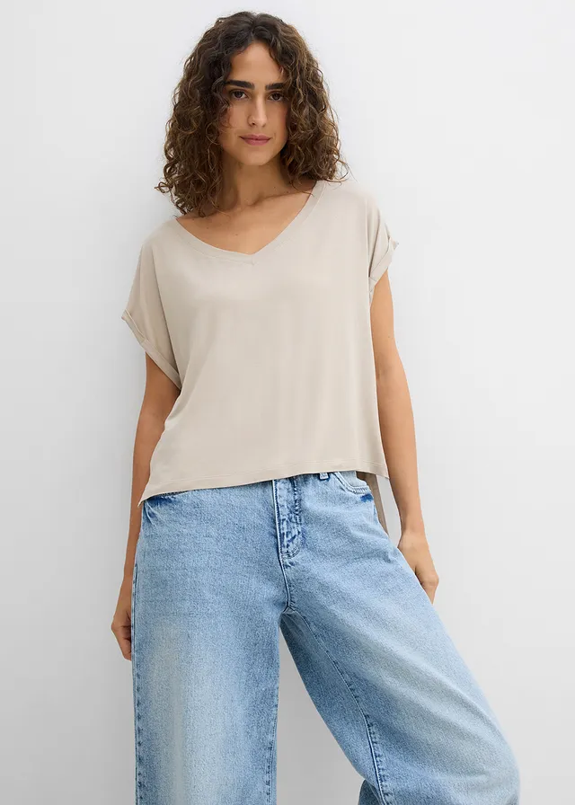 Oversized shirt van soepele viscosemix, Kleur: sand