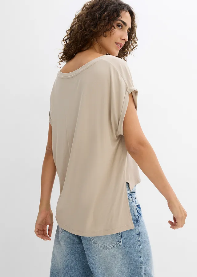 Oversized shirt van soepele viscosemix, Kleur: sand