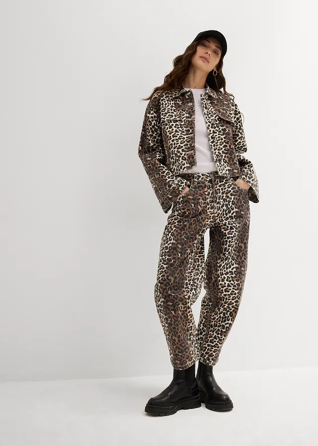 Veste courte en twill naturel-noir-cognac foncé imprimé léopard