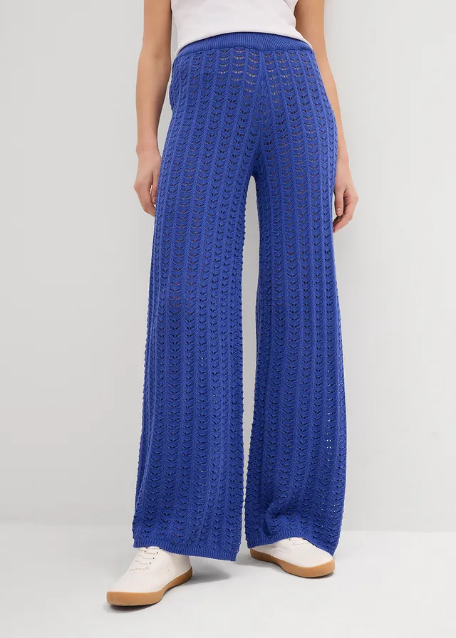 Gebreide instapbroek met kantpatroon, Kleur: edelsteenblauw