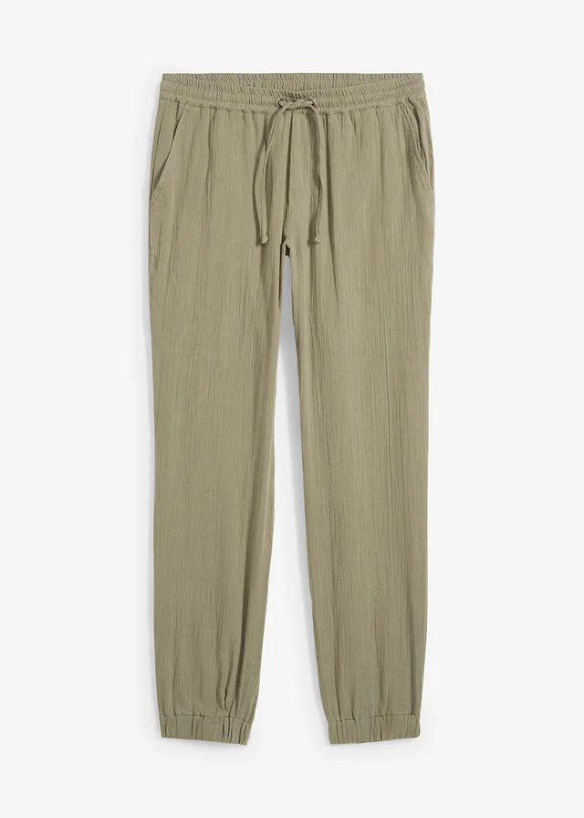 Pantalon jogger regular en gaze de coton, fuselé, Couleur: olive fumé