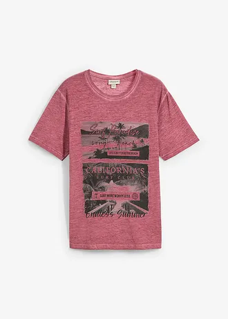 T-shirt van biologisch katoen in washed out look, Kleur: soft bessen met print