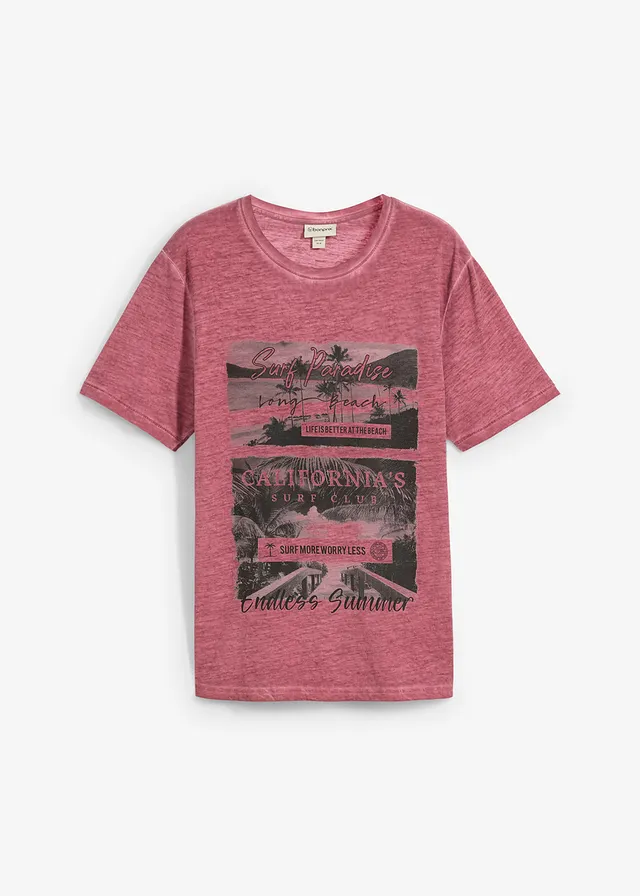 T-shirt aspect délavé en coton • vieux rose imprimé • Boutique bonprix