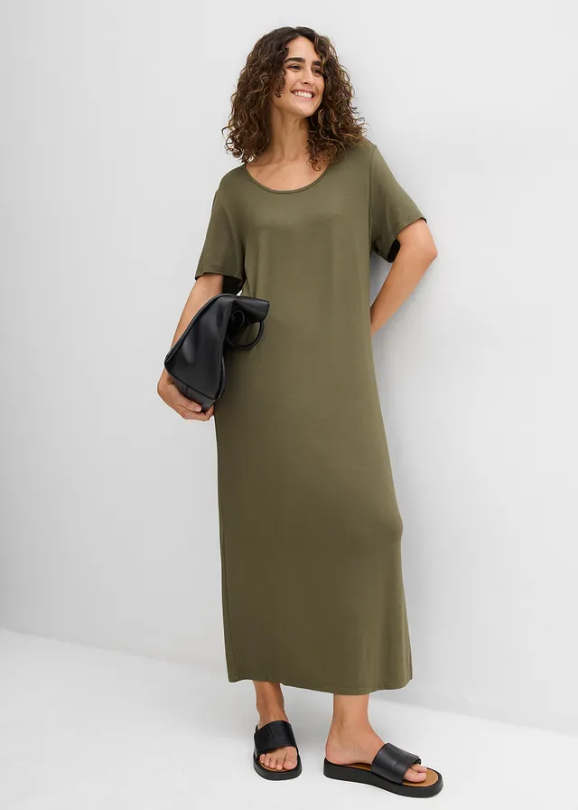 Comfortabele shirtjurk met split in maxilengte, Kleur: donkerolijfgroen