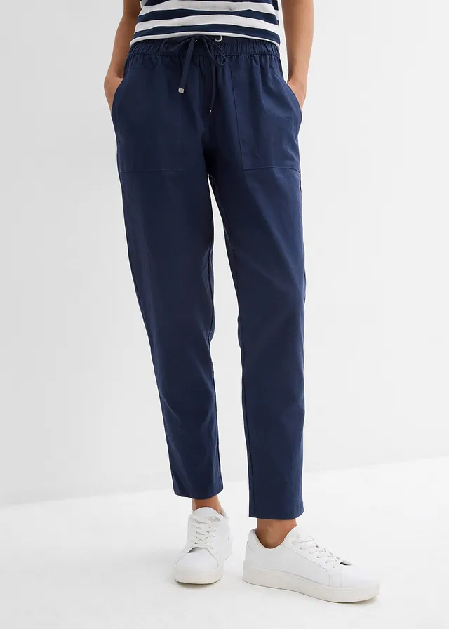 Léger pantalon jogger en lin mélangé, Couleur: bleu foncé