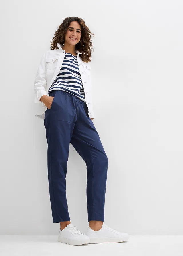 Léger pantalon jogger en lin mélangé, Couleur: bleu foncé