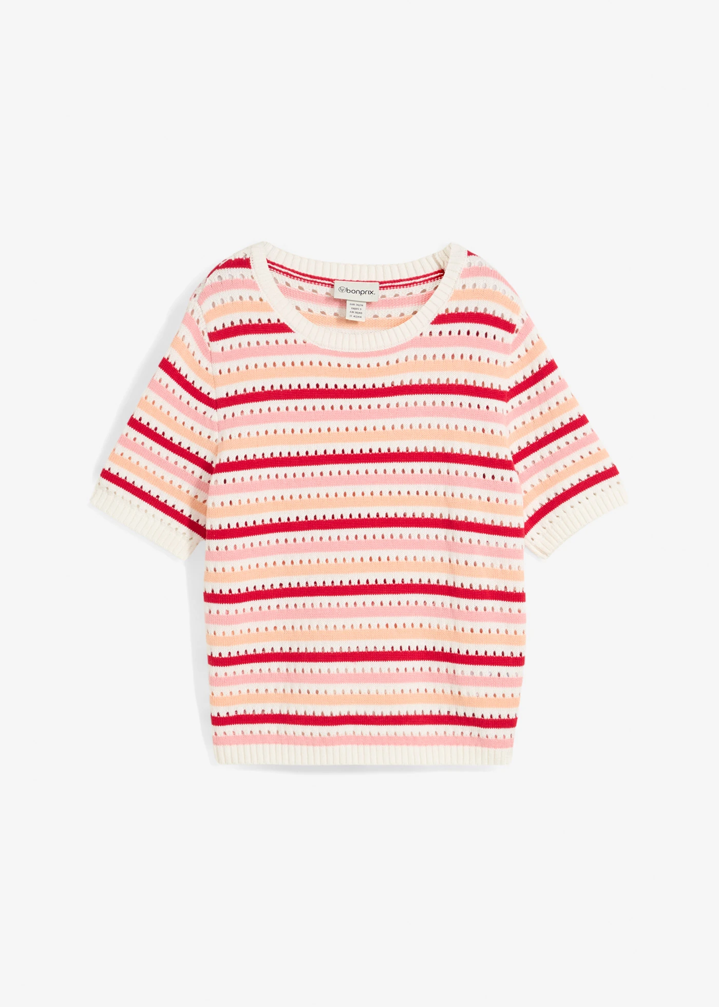 T-shirt en maille ajourée • écru-melba-rouge profond-rose dragée rayé • Boutique bonprix