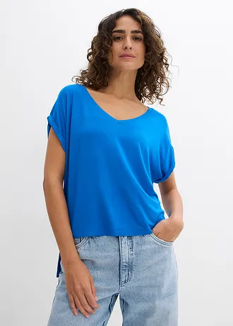 Oversized shirt van soepele viscosemix, Kleur: azuurblauw