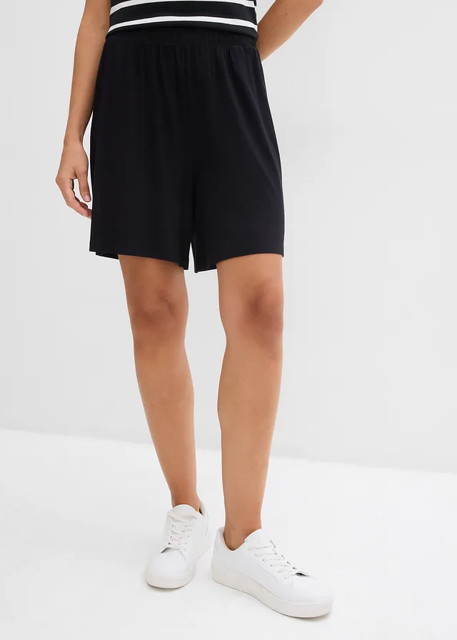 Short à taille élastiquée en viscose douce et extensible, Couleur: noir