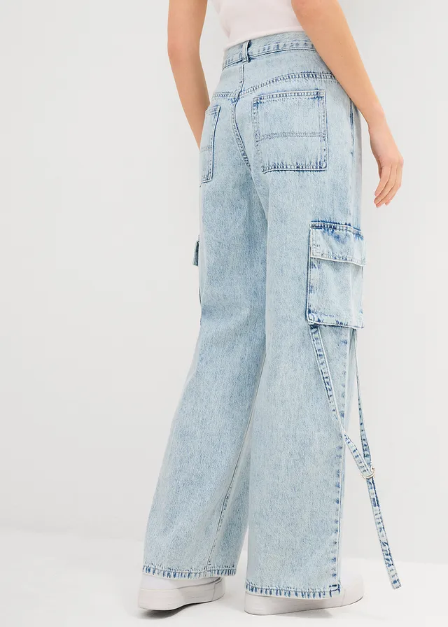 Jean cargo taille mi-haute, peu extensible, long, Couleur: denim bleu glacier used