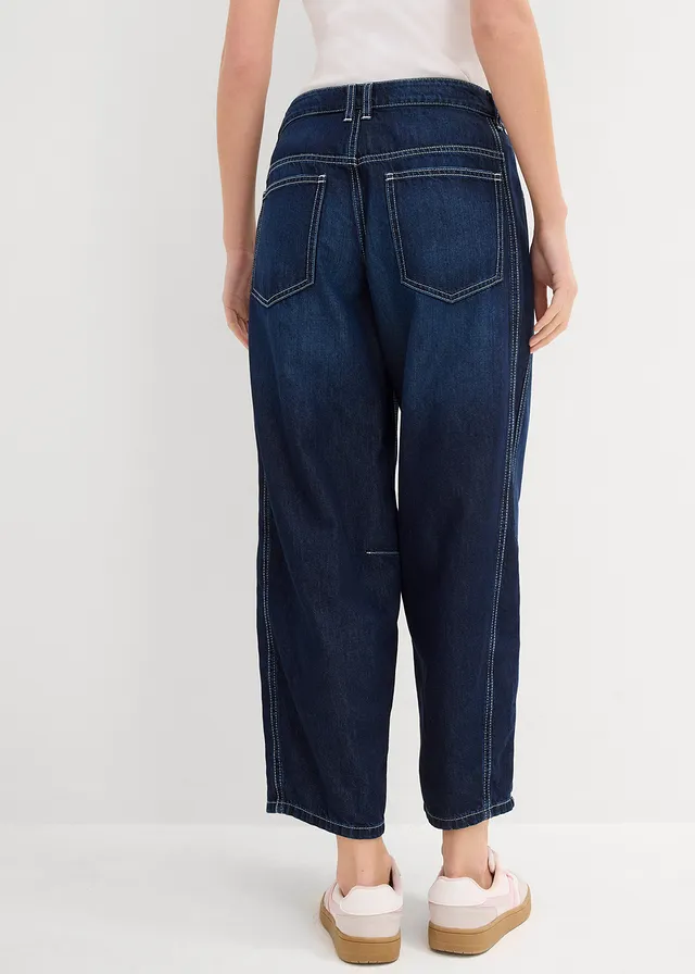 Jean ballon taille mi-haute, doux et cropped, Couleur: bleu foncé denim used