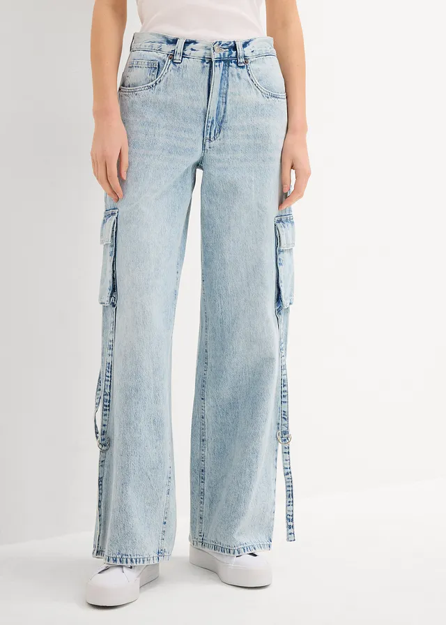 Jean cargo taille mi-haute, peu extensible, long, Couleur: denim bleu glacier used