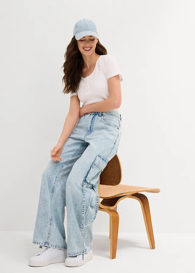 Jean cargo taille mi-haute, peu extensible, long, Couleur: denim bleu glacier used
