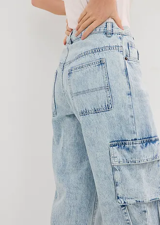 Dżinsy bojówki mid waist, low stretch, full lenght • lodowy niebieski denim "used" • sklep bonprix