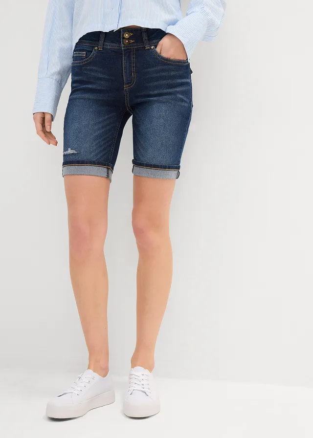 Bermuda en jean, taille mi-haute, Couleur: bleu foncé denim