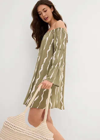 Carmen šaty ze splývavé viskózy • hnědozelená/bílá • bonprix obchod
