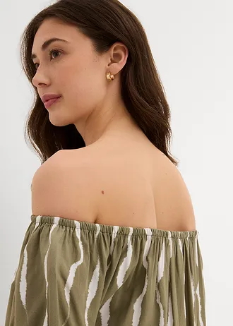 Carmen šaty ze splývavé viskózy • hnědozelená/bílá • bonprix obchod