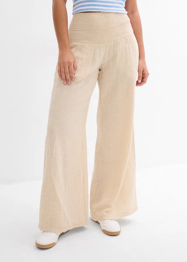 Pantalon palazzo en gaze de coton, Couleur: sable clair