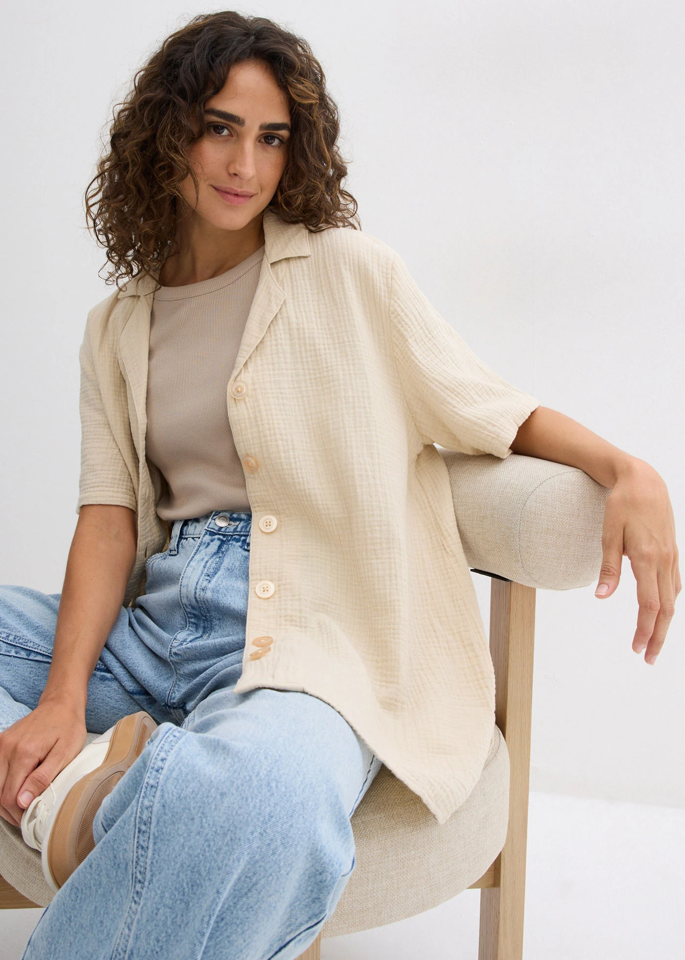 Lange mousseline overhemdblouse • lichtsand • bonprix online shop