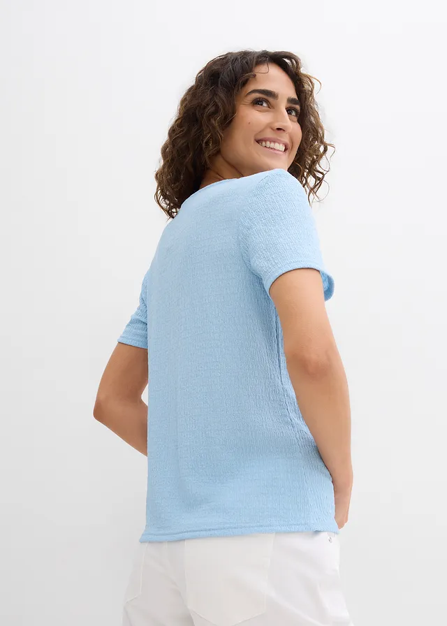 T-shirt texturé et boutonné, Couleur: bleu clair