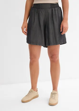 Short à taille élastiquée et smockée, Couleur: noir