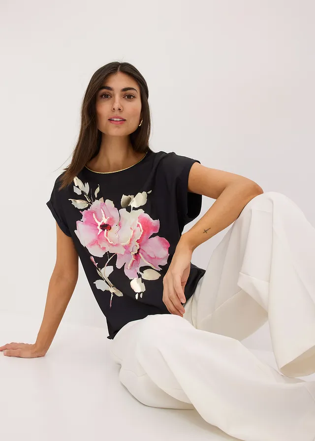 T-shirt à empiècement tissé • noir/rose vif floral • product-page.page-title-suffix