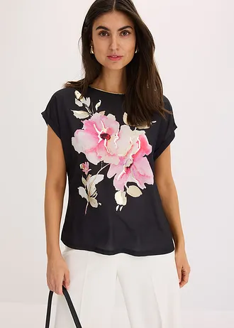 T-shirt à empiècement tissé, Couleur: noir/rose vif floral