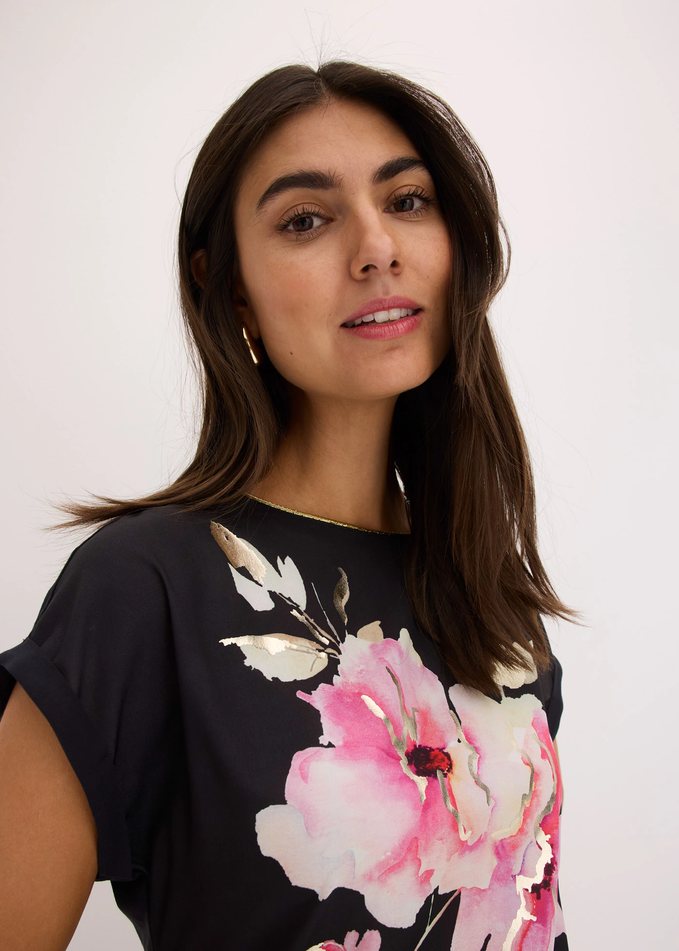 Bluză cu inserție • negru-pink floral • magazin bonprix