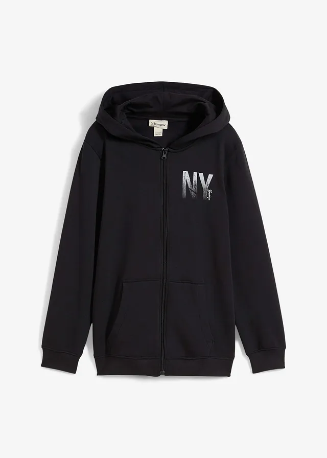 Sweat zippé à capuche en coton mélangé, Couleur: noir