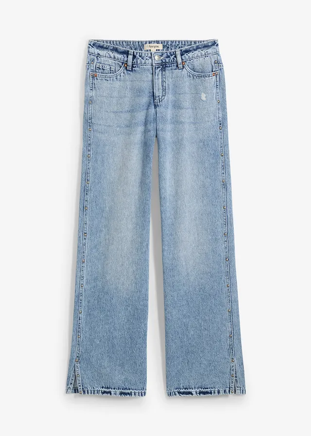 Jean droit et ample, taille mi-haute, peu extensible
