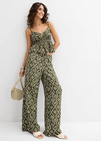 Kalhoty bez zapínání, ze splývavé viskózy • tmavě olivová s potiskem • bonprix obchod