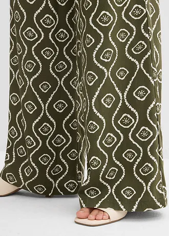 Kalhoty bez zapínání, ze splývavé viskózy • tmavě olivová s potiskem • bonprix obchod