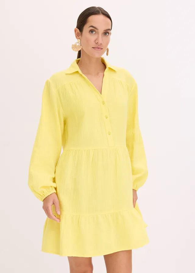 Krótka muślinowa sukienka z falban, kolor: żółty kremowy