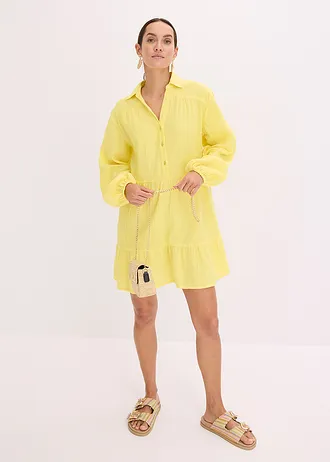 Krótka muślinowa sukienka z falban • żółty kremowy • sklep bonprix