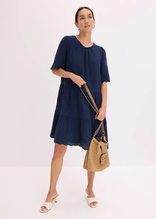 Mousseline jurk met broderie anglaise, Kleur: donkerblauw