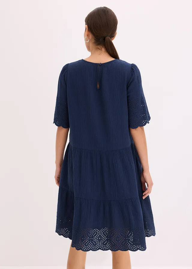 Mousseline jurk met broderie anglaise, Kleur: donkerblauw