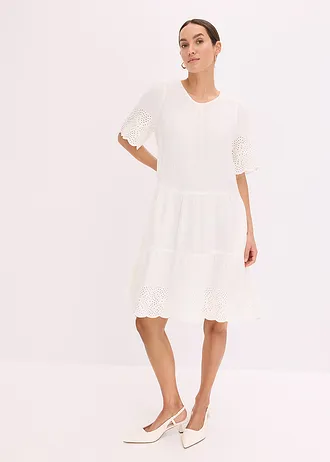 Mousseline jurk met broderie anglaise, Kleur: wolwit