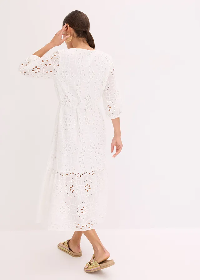 Robe midi en broderie anglaise 100% coton, Couleur: blanc cassé