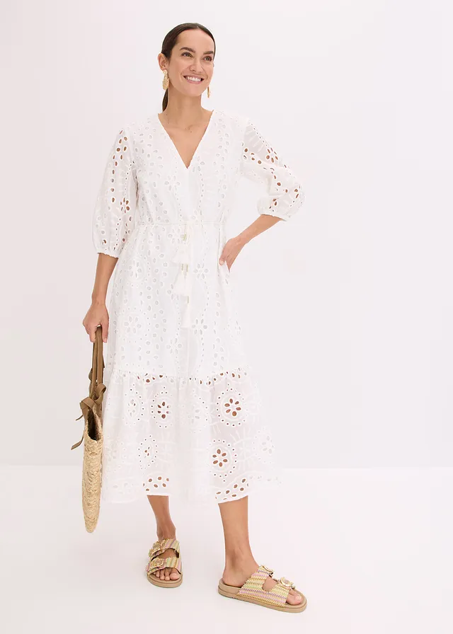 Robe midi en broderie anglaise 100% coton, Couleur: blanc cassé