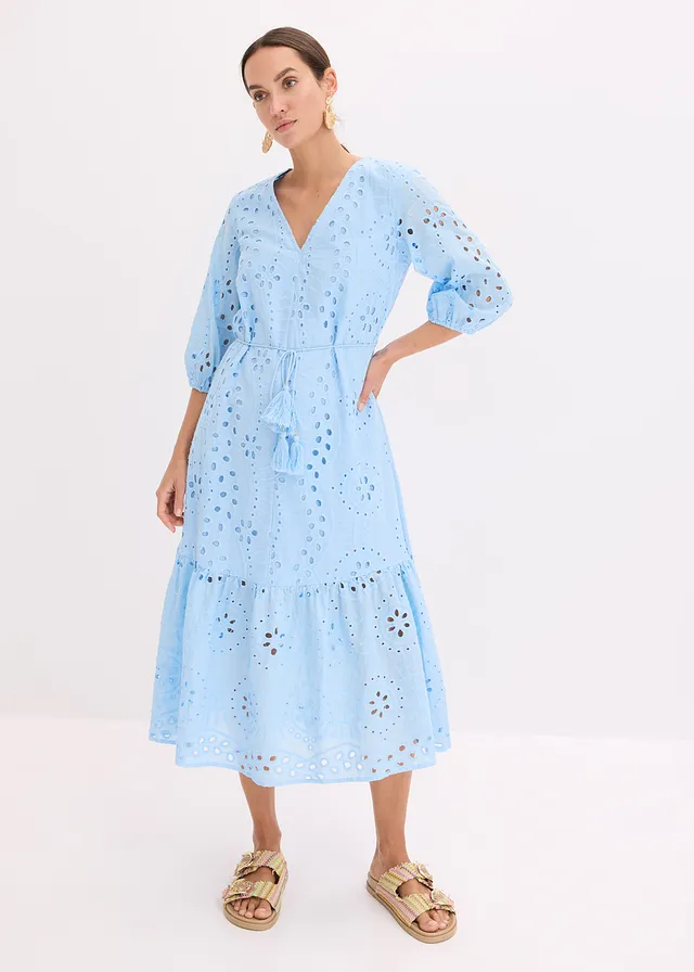 Robe midi en broderie anglaise 100% coton, Couleur: bleu clair