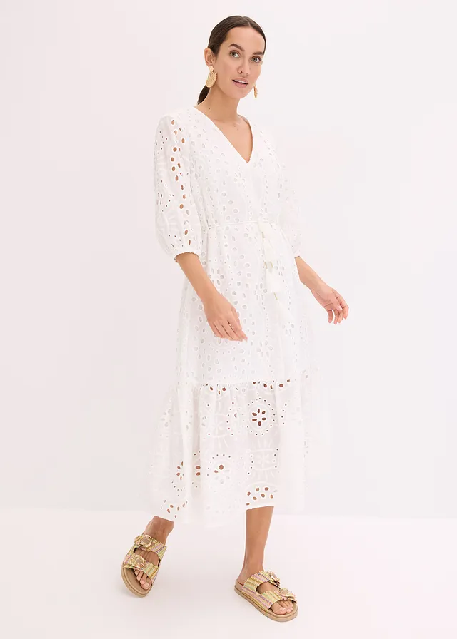 Robe midi en broderie anglaise 100% coton, Couleur: blanc cassé