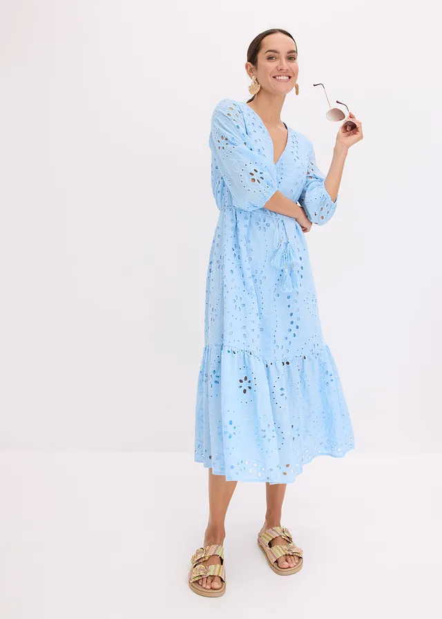 Rochie midi 100% din bumbac cu broderie perforată, culoare: bleu