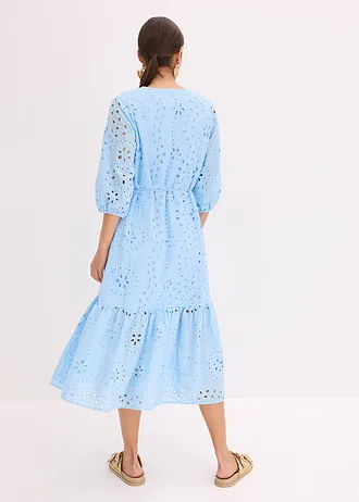 Midi jurk met broderie anglaise, Kleur: lichtblauw