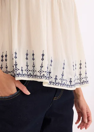 Top tip bluză cu broderie • bej natur/bleumarin cu imprimeu • magazin bonprix