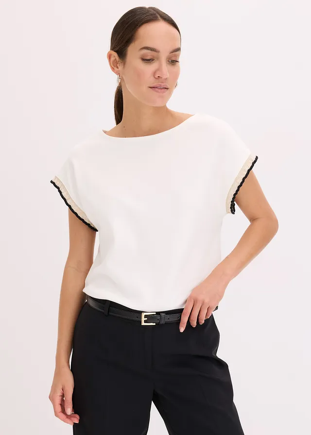 Shirt van puur katoen met versiering, Kleur: wolwit