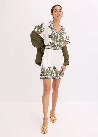 Jumpsuit met linnen, Kleur: wolwit/olijfgroen paisley