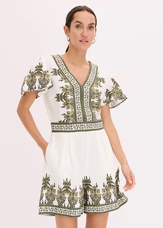 Salopetă cu in în compoziție, culoare: ecru/oliv paisley