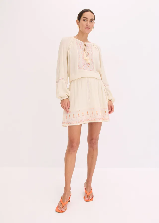 Fustă mini cu broderie, culoare: bej natur