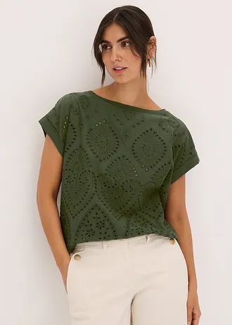 Bluză tricot cu broderie perforată • kaki închis • magazin bonprix