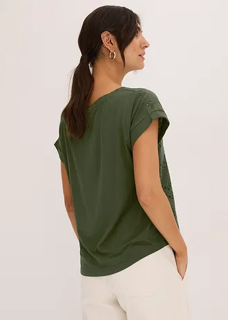 Tričko s dírkovanou krajkou • tmavě khaki • bonprix obchod